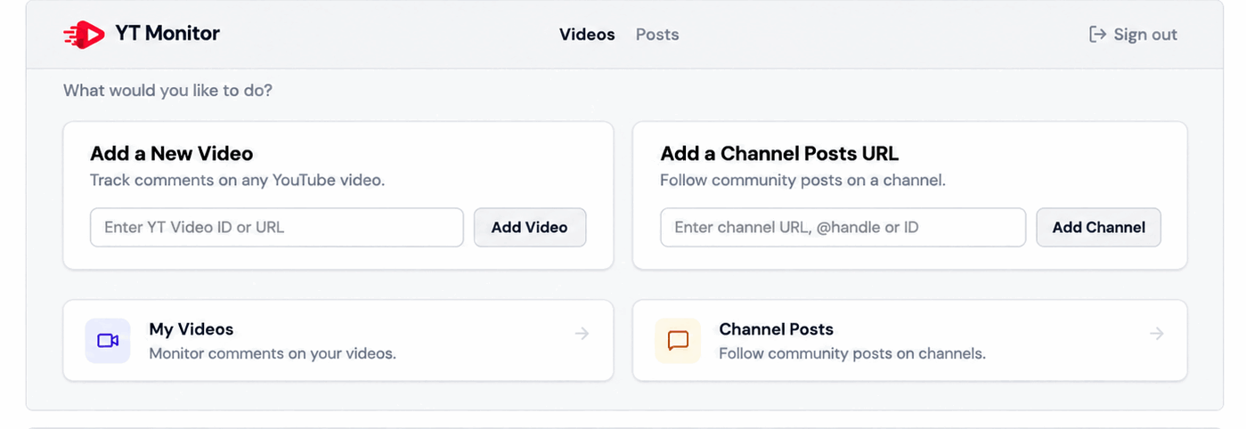 YT Monitor dashboard